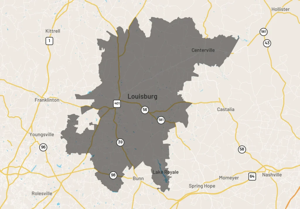 Map of Louisburg, North Carolina ZIP code area highlighted