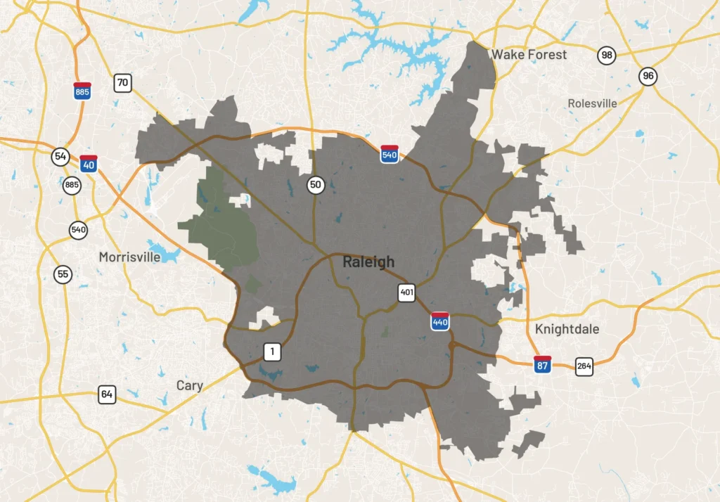 Map of Raleigh, North Carolina city limits highlighted